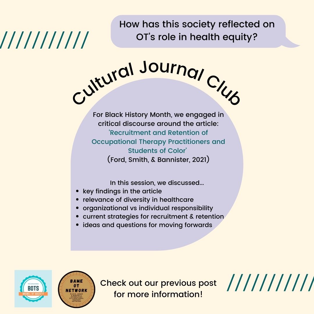 BrunelOTsoc's tweet photo. In this post, we also highlight our own society's actions towards addressing health equity (like our Cultural Journal Club!)
#otsforequity #otweek2021 #otweek #healthequity #occupationaltherapy #occupationaltherapist #otsofinstagram #rcot #healthequity https://t.co/6Gy1IYwUMI
