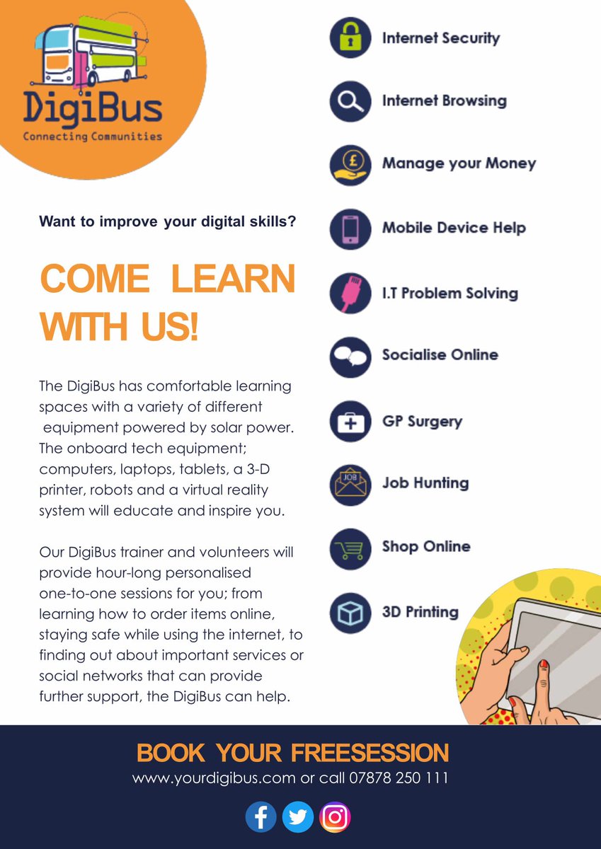 DigiBus - today at Lydney Community Centre 4th November. We are open to all learners who need help with technology and to get online. Please bring your friends and family to improve your digital skills. Book your FREE session NOW call 07878 250 111