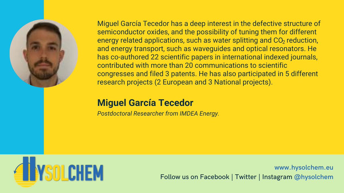 #peopleofHysolchem Meet Miguel García Tecedor from @IMDEA_Energia . His work is focused on photoelectrocatalytic processes for #energy-related applications, advanced optical and electrical characterization of materials.