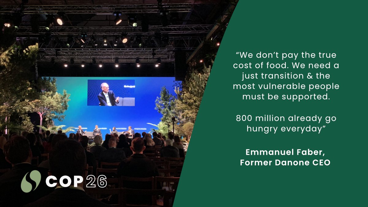 SusFoodTrust's tweet photo. “We don’t pay the true cost of food. We need a just transition &amp; the most vulnerable people must be supported. 800 million already go hungry everyday” 

Former Danone CEO Emmanuel Faber. #COP26 https://t.co/U4ktCF1VOJ