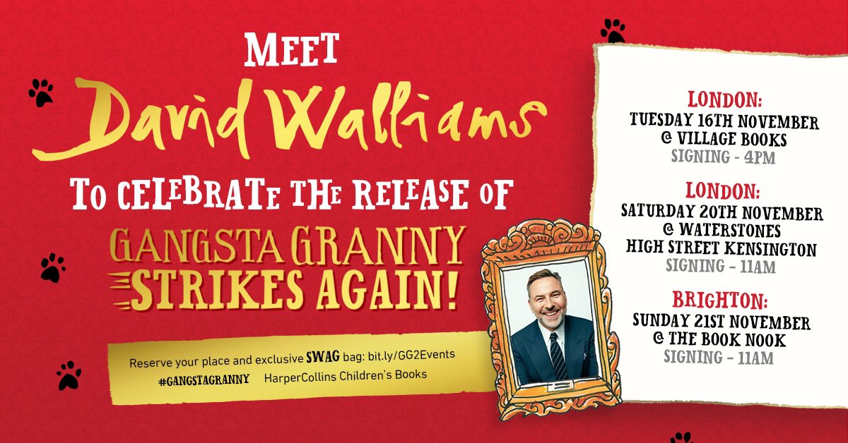 To celebrate the release of Gangsta Granny Strikes Again!, David will be signing copies at <a href="/villagebooksdul/">Village Books</a> <a href="/HSKWaterstones/">Waterstones Kensington</a> &amp; <a href="/booknookhove/">The Book Nook</a>!
Book your place NOW: bit.ly/GG2Events
#GangstaGranny