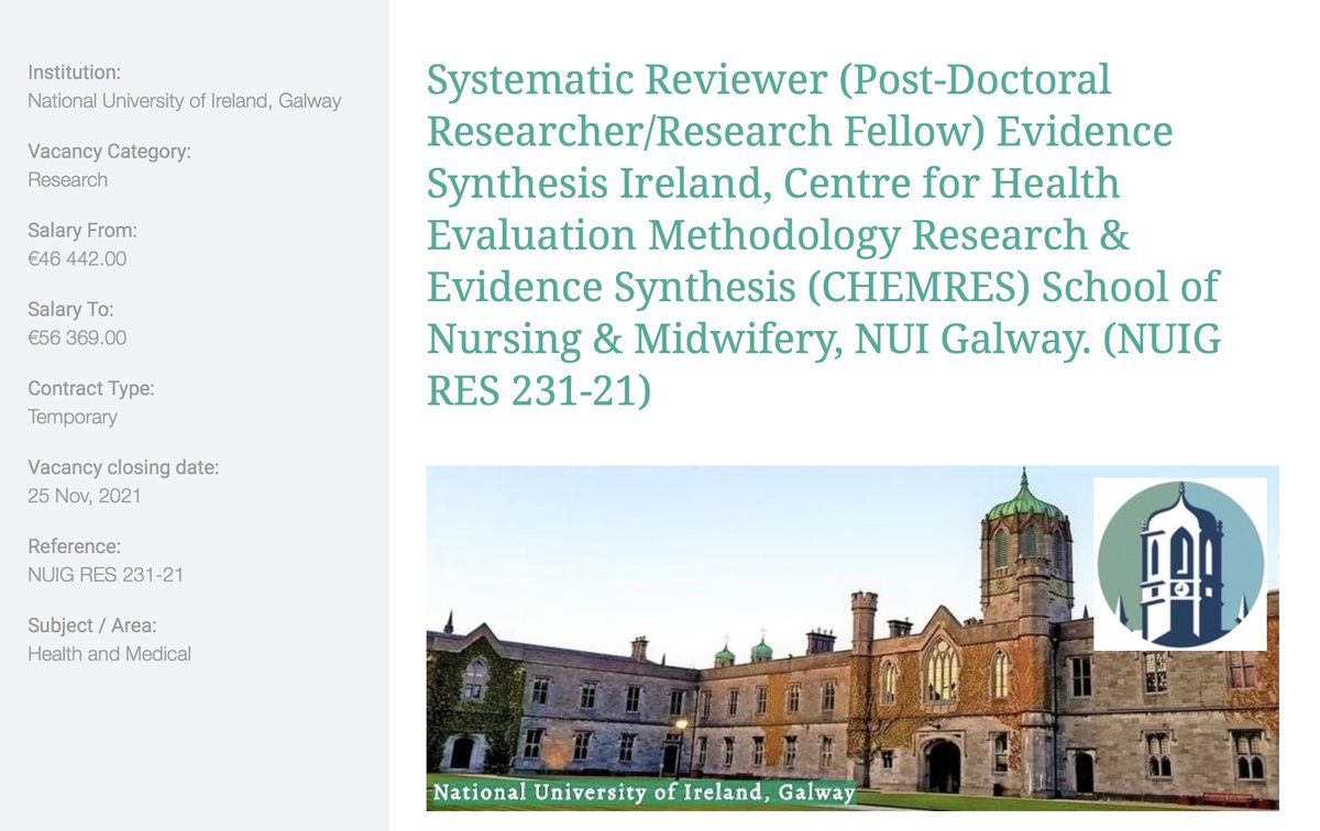 shauntreweek's tweet image. There a 4-year, full-time job for a systematic reviewer on offer at Galway to work with Evidence Synthesis Ireland. It's a great team so this is a fab opportunity. universityvacancies.com/national-unive…