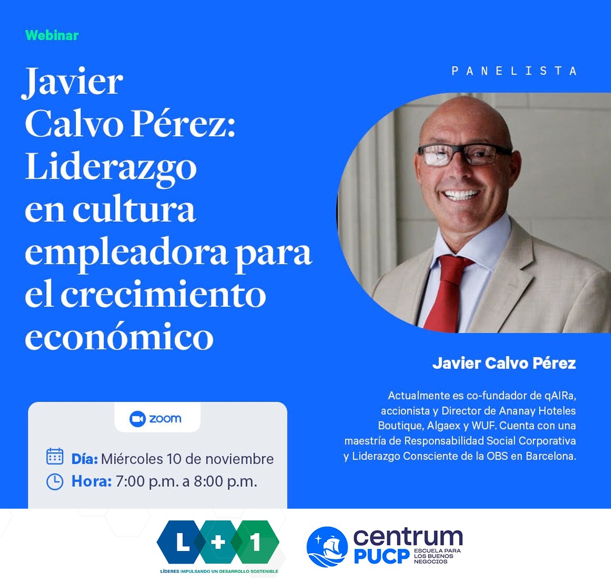 L_MAS1's tweet photo. En alianza con @CENTRUMcatolica, los invitamos a participar del #webinar "Liderazgo en cultura empleadora para el crecimiento económico", a cargo de nuestro L+1 @javiercalvop, Director y Co-fundador de #qAIRa.

🔴Vía: FB live @CENTRUMcatolica

¡L@s esperamos! https://t.co/9FGoeLEBRJ