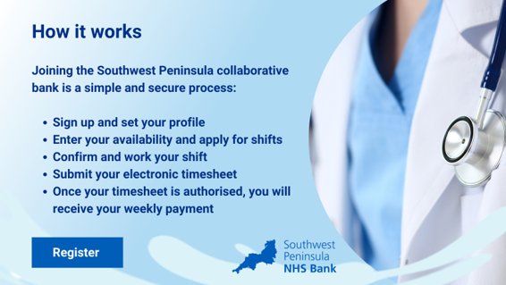 swNHSbank's tweet photo. Registering for our #NHS #collaborativebank is simple! Here’s how to register 👇👇
The sign-up paperwork should take no more than five minutes to complete.
Register here - https://t.co/50i4BJQk8R https://t.co/Vwa7bXGVRH