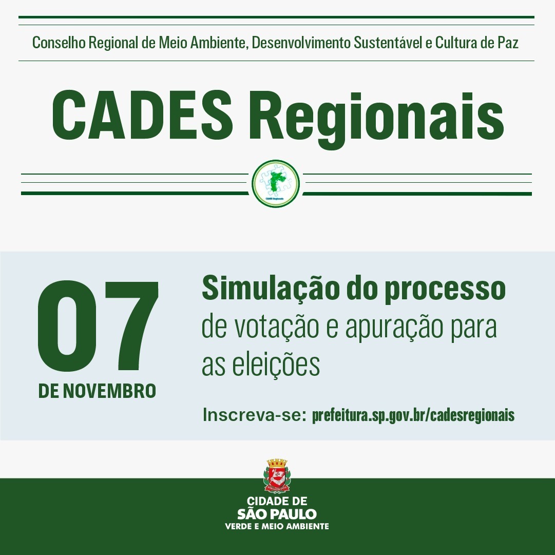 svmasp's tweet photo. A SVMA convida a população para participar da simulação da eleição dos CADES Regionais.
Dia 07/11,das 14h às 17h, na SVMA - Rua do Paraíso, 387.
As inscrições devem ser feitas pelo link na bio.
#cades #svma #eleicaocades #cadesregionais #saopaulo #instasp https://t.co/fgC6kvWZHh