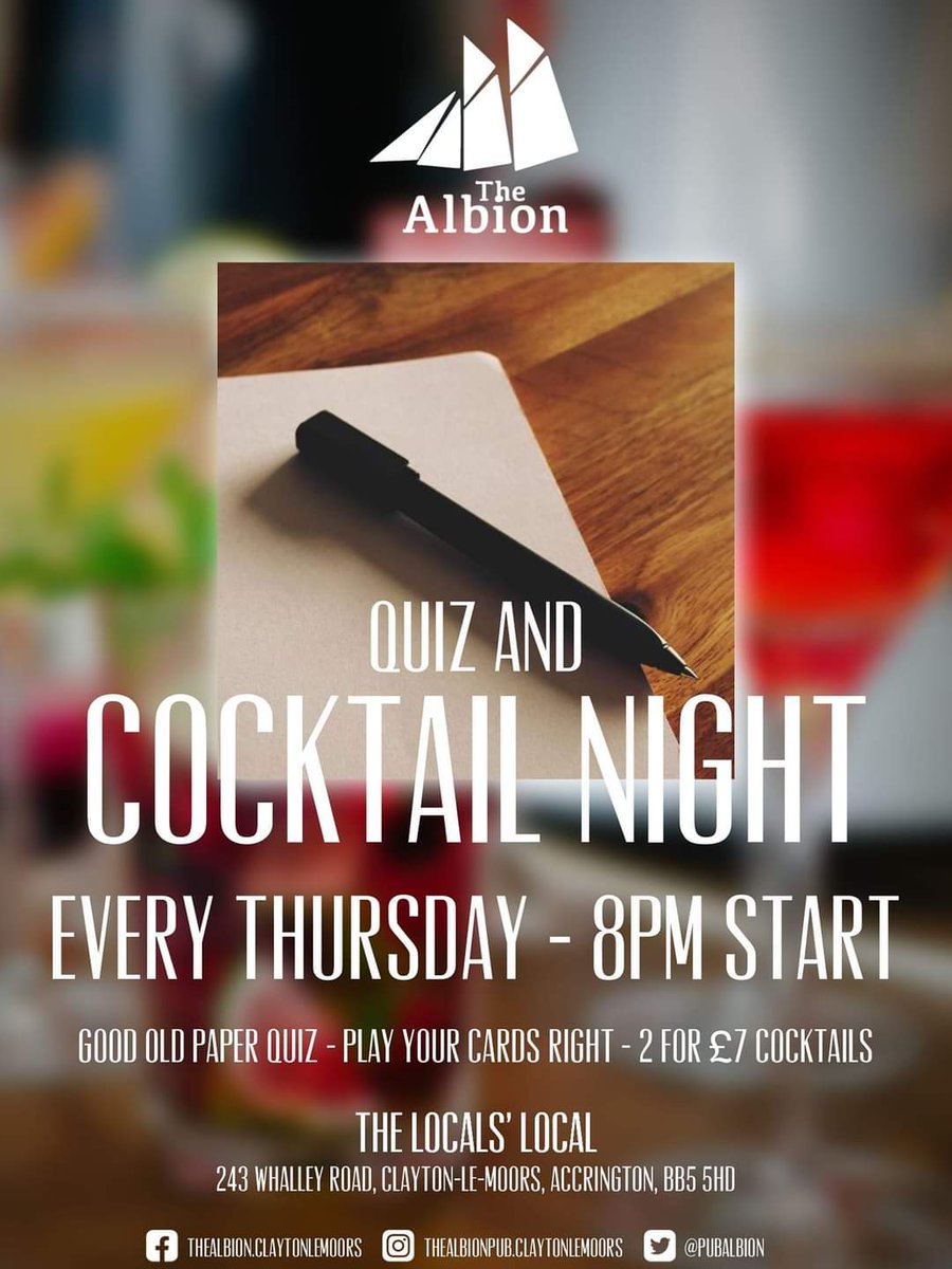 PubAlbion's tweet photo. Did somebody say Qᵤᵢz Nᵢgₕₜ?

Thirsty Thursday with Jimmy 

Every Thursday starting 8pm, 2 hours of fun, a good pen and paper quiz along with play your cards right. £2 entry per person.

#TheAlbion #ProperPubs #Accrington #claytonlemoors #Hyndburn #quiz #YourLocalsLocal https://t.co/4vliuR2XpE
