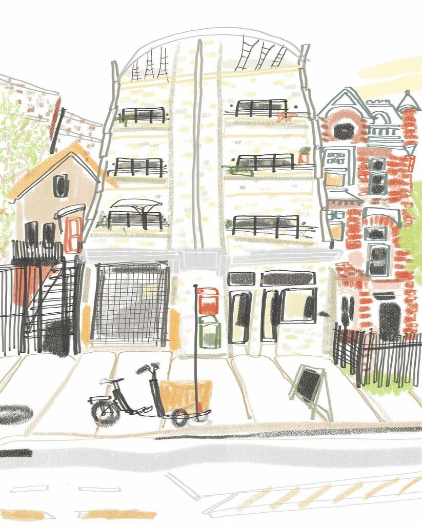 dolojangelo's tweet photo. N Hoyne Ave &amp; W North Ave - shoutout to @sultansmarket for letting me loiter and for the always ridiculously good falafel! 
.
.
.
.
.
.
@annagoodsonillustration #urbanillustration  #architecturalillustration #illu #illo #draw #drawings #creative #sketch … https://t.co/N0Cj8w93xX https://t.co/s24hpOMd2B