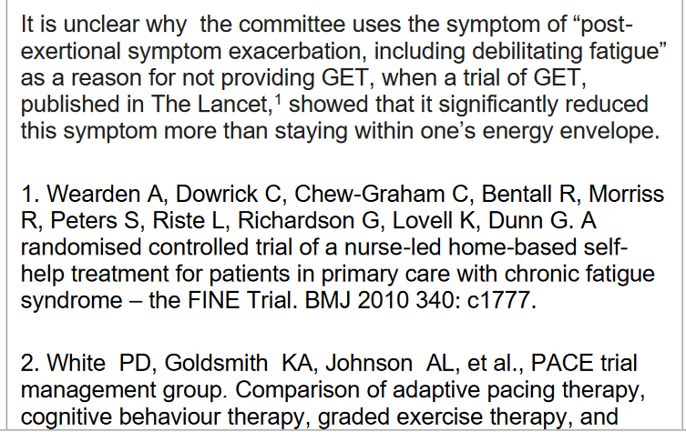 keithgeraghty's tweet photo. More from NICE ME guideline: @rcgp stated there was evidence of benefits from GET citing the PACE trial and FINE trials. FINE follow up had little difference in benefit v controls, PACE highly criticised and reanalysis shows much reduced benefits. @rcgp fail to acknowledge this! https://t.co/rqbQP1LRFK