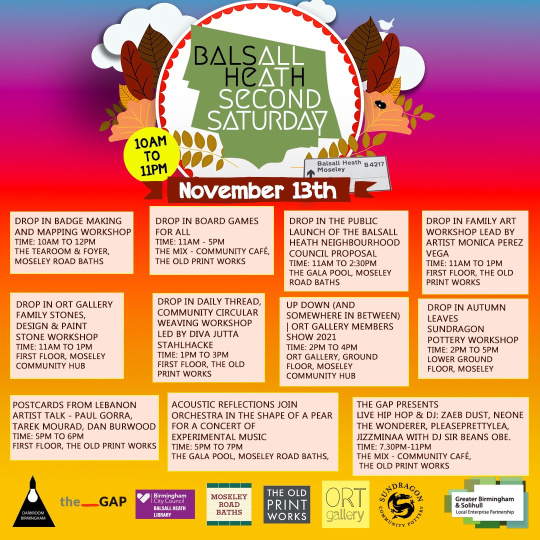 Finally! full listings here! free drop-in sessions 13th Nov details be available via our website. Share, share, share!!!

#ortgallery #oldprintworksbham #moseleycommunityhub #darkroombirmingham #The____GAP #mac_birmingham #visit_birmingham
#balsallheathnno #moseleyb13mag