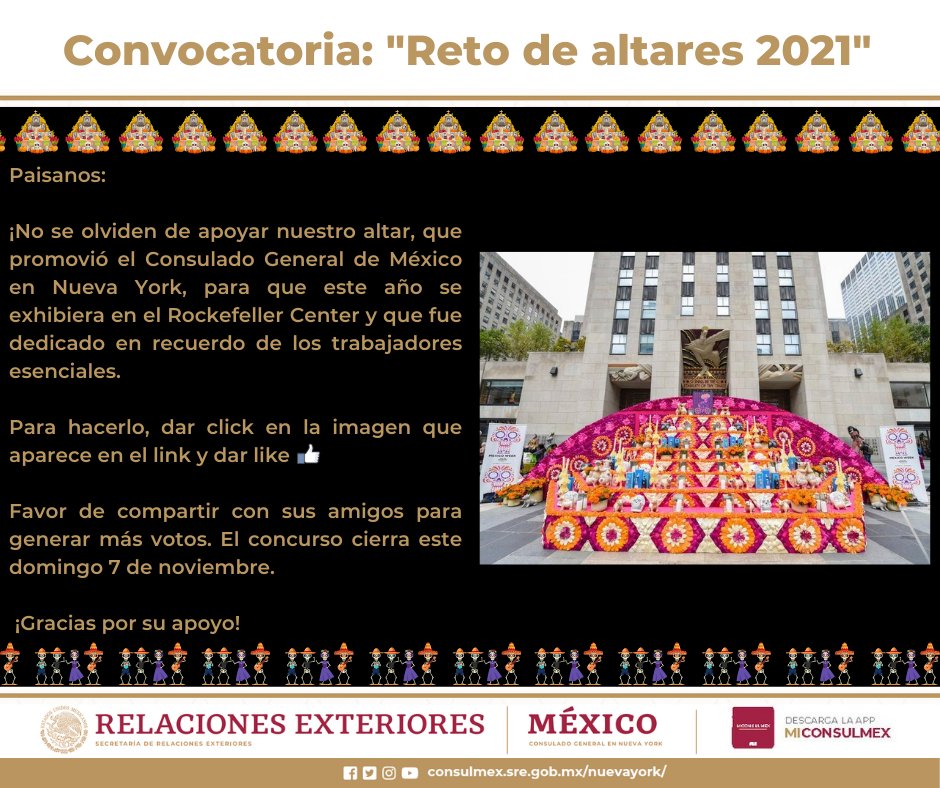 ConsulMexNuy's tweet photo. En el marco del #RetoDeAltares2021, ¡no te olvides de apoyar el altar que promovimos este año en @rockcenternyc, dedicado a los trabajadores esenciales.

Agradecemos que le des like 👍al siguiente link:

https://t.co/j6Yr484KrM

¡Gracias por tu apoyo! https://t.co/alNtJdRVfH