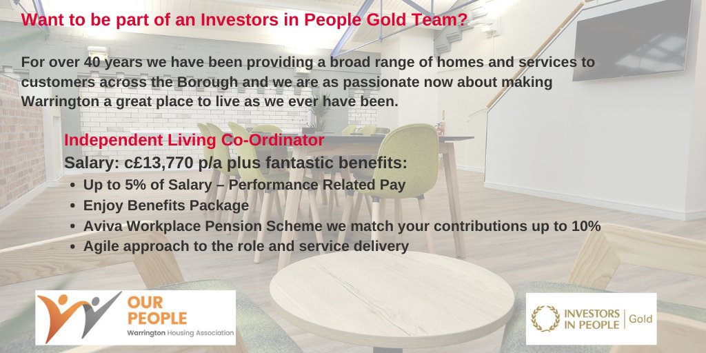 We're looking for a new Independent Living Co-Ordinator to join our talented team
For more information: bit.ly/3EQhNSh
Closing date: 7th November
<a href="/JobsInHousing/">JobsInHousing</a> <a href="/natfednews/">National Housing Federation</a> <a href="/placeshapers/">PlaceShapers</a> <a href="/CommunityHsg_NW/">Community Housing Partnership</a> 
#socialhousing #warrington #recruitment