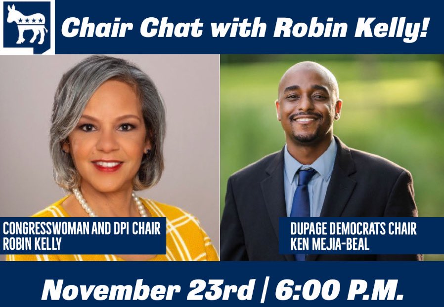 KenMejia_Beal's tweet photo. Please join me and Chair of @demsforillinois @RobinLynneKelly on November 23rd for a Chat with Chairs.
Let’s make our Democracy a verb and get into action !
https://t.co/Yh7eybt6jo https://t.co/MbM6GDPso1
