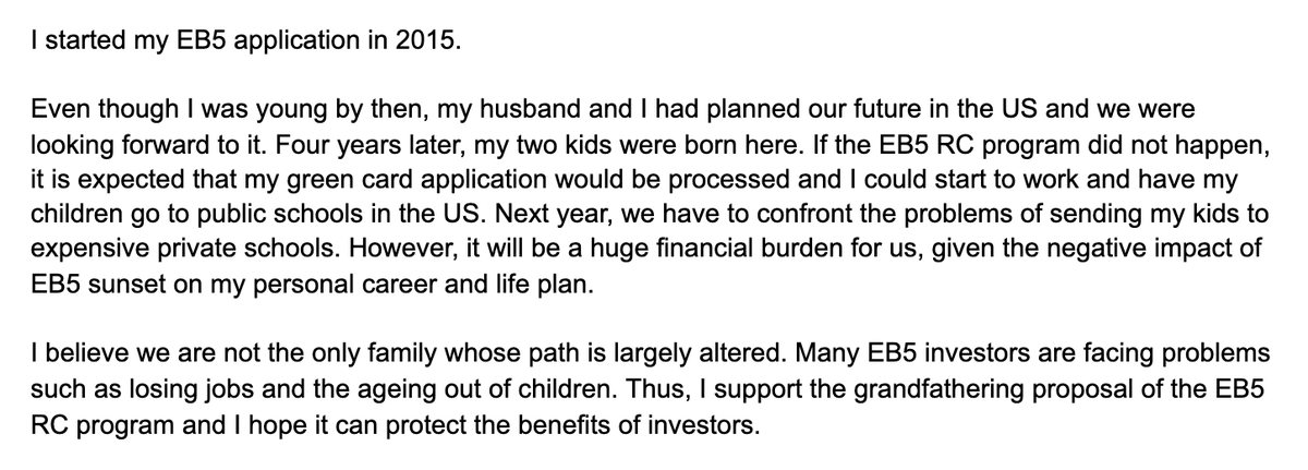 eb5_stories's tweet photo. "My husband and I had planned our future in the US and we were looking forward to it... However, it will be a huge financial burden for us (to provide my two kids since I couldn't work legally), given the negative impact of EB5 sunset on my personal career and life plan. " https://t.co/Glf7CzJUMO
