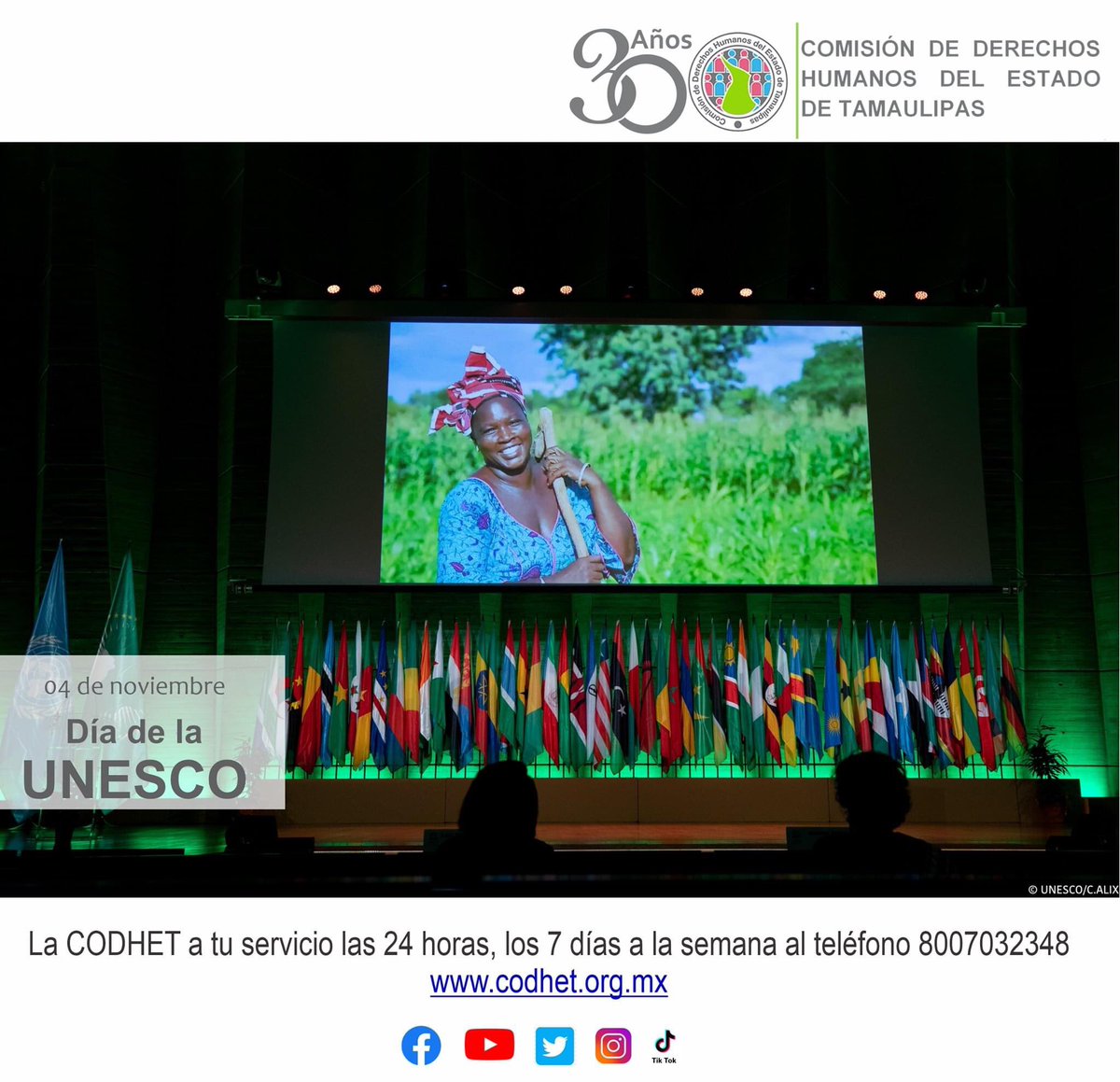 CODHETOFICIAL's tweet photo. 04 de Noviembre | Día de la UNESCO

📚Conmemoración de la Organización de las Naciones Unidas para la Educación, la Ciencia y la Cultura, que trata de establecer la paz mediante la cooperación internacional en materia de educación, ciencia y cultura. 

#DíaDeLaUNESCO
#CODHET https://t.co/ZSY0GqiHne
