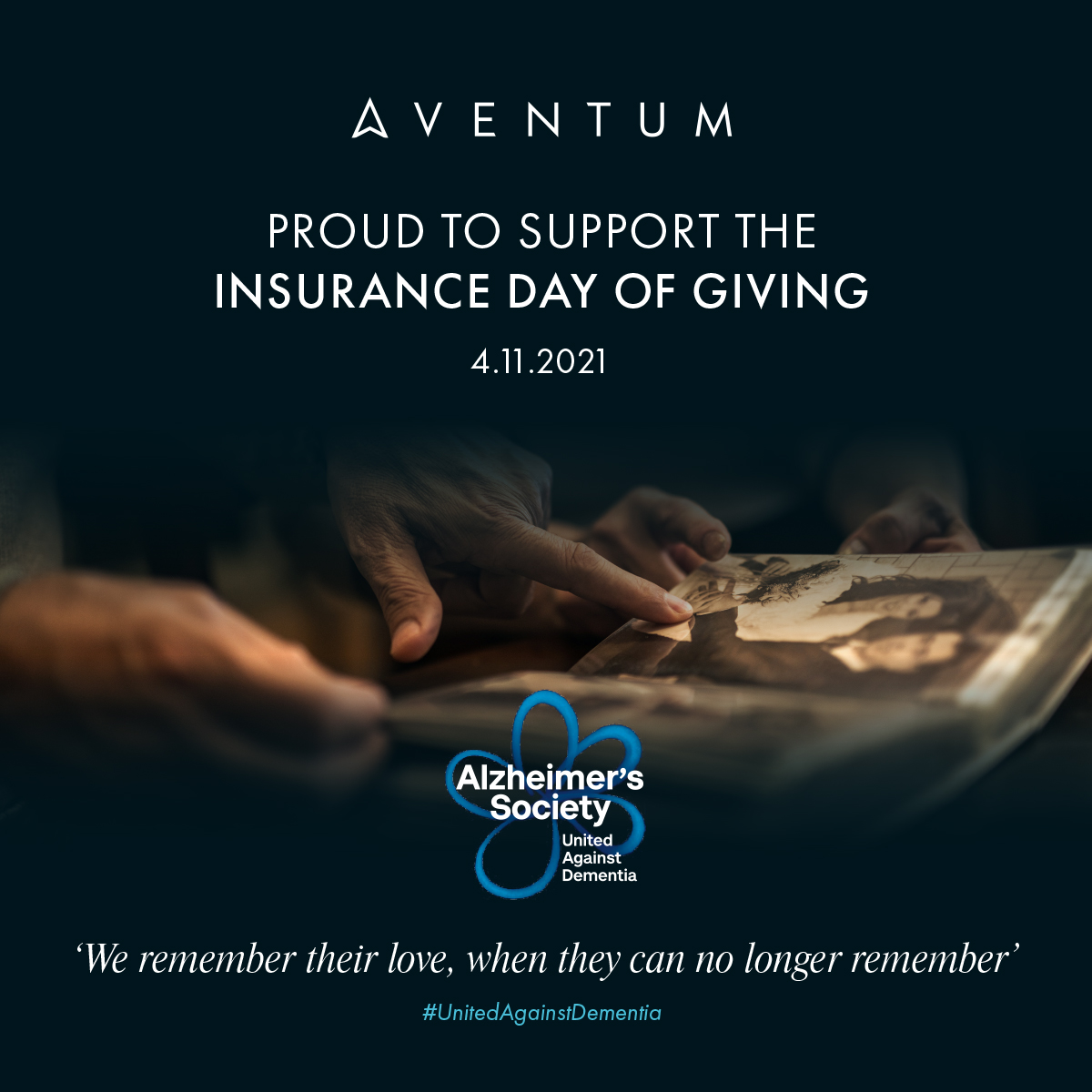 NUnderwriting's tweet photo. Aventum is proud to support the Insurance Day of Giving today, when the industry unites against dementia by raising money for frontline services, by donating £1,000 to the cause. Join us in uniting against dementia.

https://t.co/u66ICb7BIT 

#IUADDay https://t.co/mnpNoAAkE4