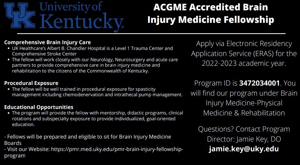 We can't wait to welcome a Brain Injury Medicine fellow this upcoming year! If you have not already, make sure to apply. Our program details are below. Send us or our fellowship director <a href="/JamieKeyDO/">Jamie Key, DO</a> a DM if you have any questions! #physiatry #BIM #neurorehab