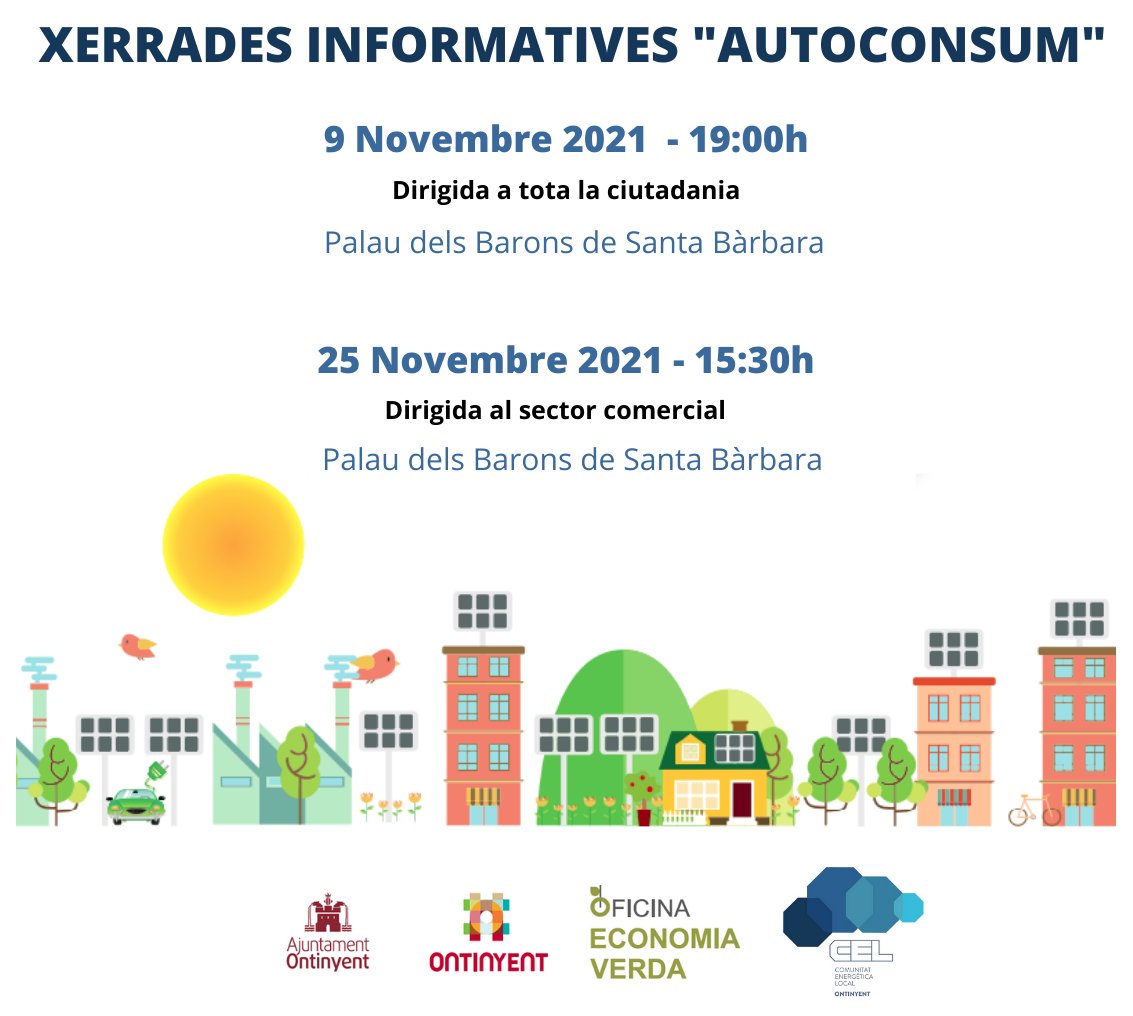 Davant l’elevat preu de la llum, voleu coneixer les opcions reals de l’autoconsum energètic? 

L’oficina d’economia verda de l’Ajuntament en colaboració amb <a href="/CelOntinyent/">CEL ONTINYENT</a>  vos convidem a assistir a la xerrada informativa del proper 9 de novembre: