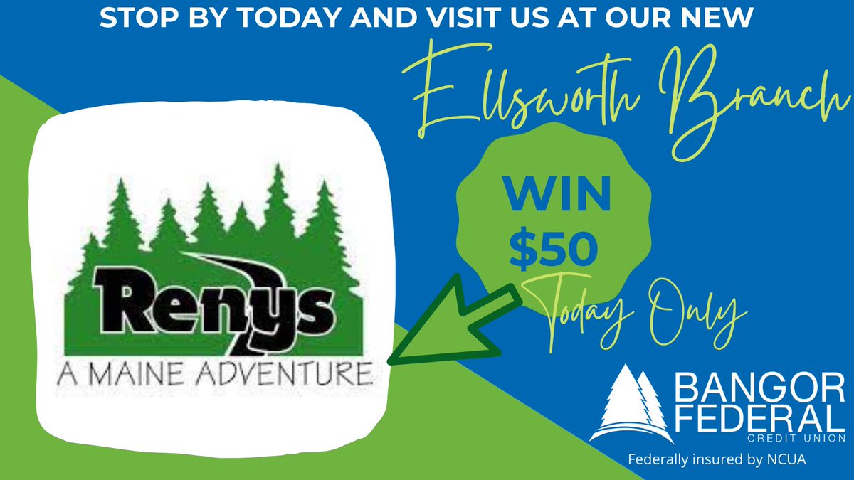 Happy Thursday! Come in today and see us at our new Ellsworth location for a chance to WIN $50 to <a href="/RenysInMaine/">Renys</a>!