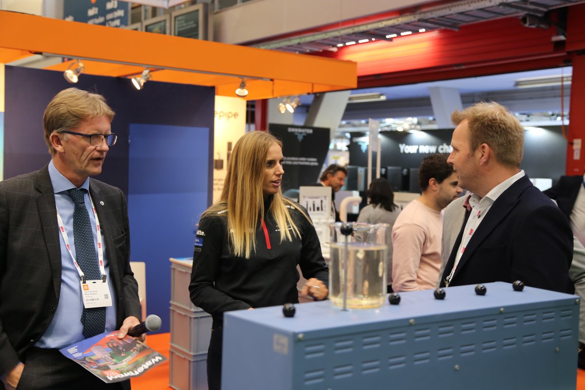 WaterAllianceNL's tweet photo. Today Marit Bouwmeester visited the Netherlands Pavilion at #Aquatech Amsterdam, she did so in her role as ambassador for the Future Is Water. Following a Q&A session, Hein Molenkamp took her on a tour across the HIP, Marit even got to test a few innovations herself. https://t.co/9BmgjfzDIU