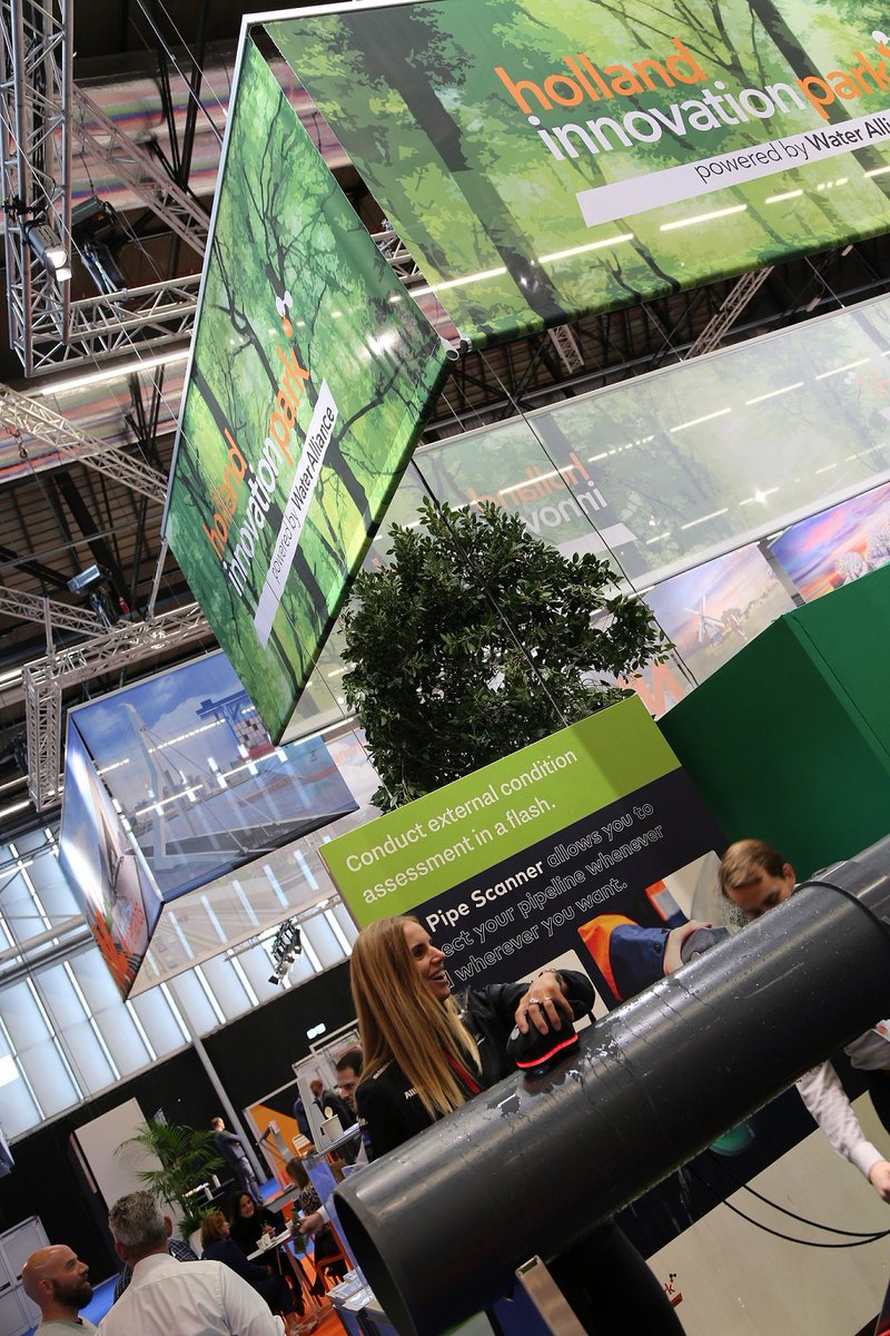 WaterAllianceNL's tweet photo. Today Marit Bouwmeester visited the Netherlands Pavilion at #Aquatech Amsterdam, she did so in her role as ambassador for the Future Is Water. Following a Q&A session, Hein Molenkamp took her on a tour across the HIP, Marit even got to test a few innovations herself. https://t.co/9BmgjfzDIU