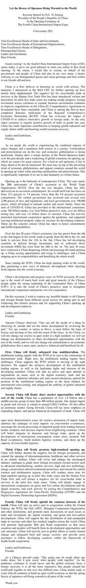 Chinamission2un's tweet photo. President Xi Jinping today delivered a keynote speech at the opening ceremony of the 4th China International Import Expo #CIIE, stressing China's continuous opening-up measures, especially after accession to WTO &amp; commitment to share market opportunity with the world. https://t.co/r16o3zaAoZ