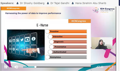 HudderRN's tweet photo. Hana Ibrahim Abu Sharib discusses the need to harness the power of data to improve overall performance and predict client outcomes #ICNCongress #SEHealth https://t.co/T5pRaEW1d7