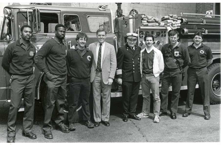 We need your help, Boston! Can you help us identify these <a href="/BostonFire/">Boston Fire Dept.</a> firefighters photographed with Mayor Flynn in the 1980s? We think the photo was taken at Engine 24 in #Dorchester andwe  see Commissioner Stapleton. <a href="/universalhub/">Adam Gaffin</a> <a href="/DotNews/">Dorchester Reporter</a> ow.ly/9mxw50GGbbG