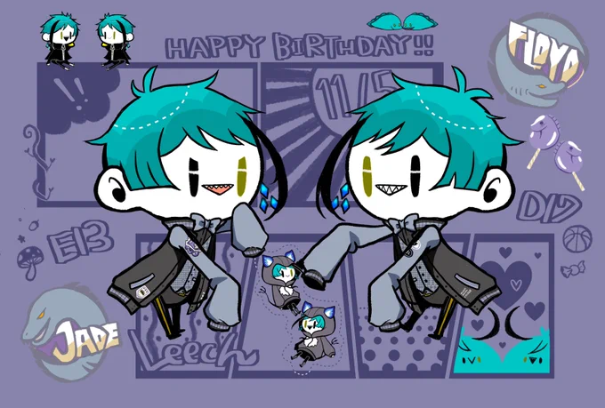 #フロイド・リーチ誕生祭2021 
#ジェイド・リーチ誕生祭2021 
#リーチ兄弟誕生祭2021 
おめでとう🎉幸せに過ごして欲しい😭♥️
今回も絵柄3種類で描いてみた! 