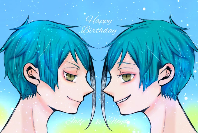 #フロイド・リーチ誕生祭2021 
#ジェイド・リーチ誕生祭2021 
#リーチ兄弟誕生祭2021 
おめでとう🎉幸せに過ごして欲しい😭♥️
今回も絵柄3種類で描いてみた! 