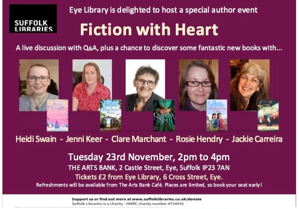 Don't forget: Suffolk Libraries have copies of books by ALL the authors coming to our 'Fiction with Heart' event. Find them in our online catalogue and get reading: suffolklibraries.co.uk 
@SuffolkLibrary @JenniKeer @Heidi_Swain @JCarreiraWriter @hendry_rosie @ClareMarchant1