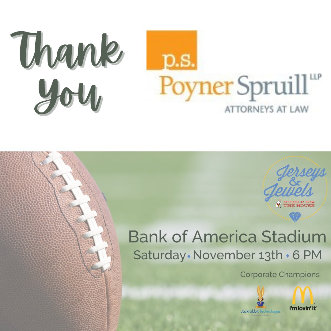 rmhclt's tweet photo. Shout out to our friends at @poynerspruill for sponsoring our 2021 Jerseys &amp; Jewels event on November 13th! Thank you for supporting our mission of #KeepingFamiliesClose ❤️🏠 https://t.co/RTPFMLn77l