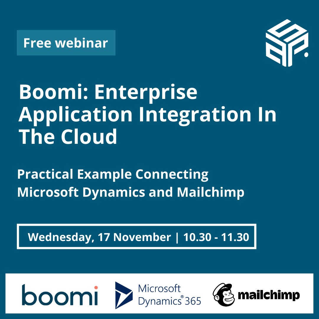 asp_nv's tweet image. On the 17th of November at 10.30 am, we&apos;ll have our exciting #webinar on &quot;Boomi: Enterprise Application Integration in the cloud&quot;.
In this webinar, we&apos;ll show you the process of connecting #dynamics365 to Mailchimp with #Boomi, join us here: asp.be/web-boomi/