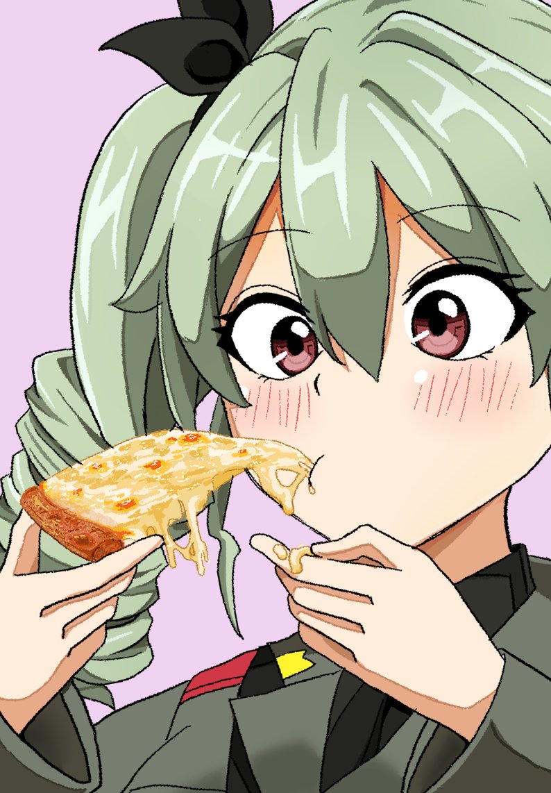 anchovy (girls und panzer) 1girl pizza eating food solo green hair holding food  illustration images