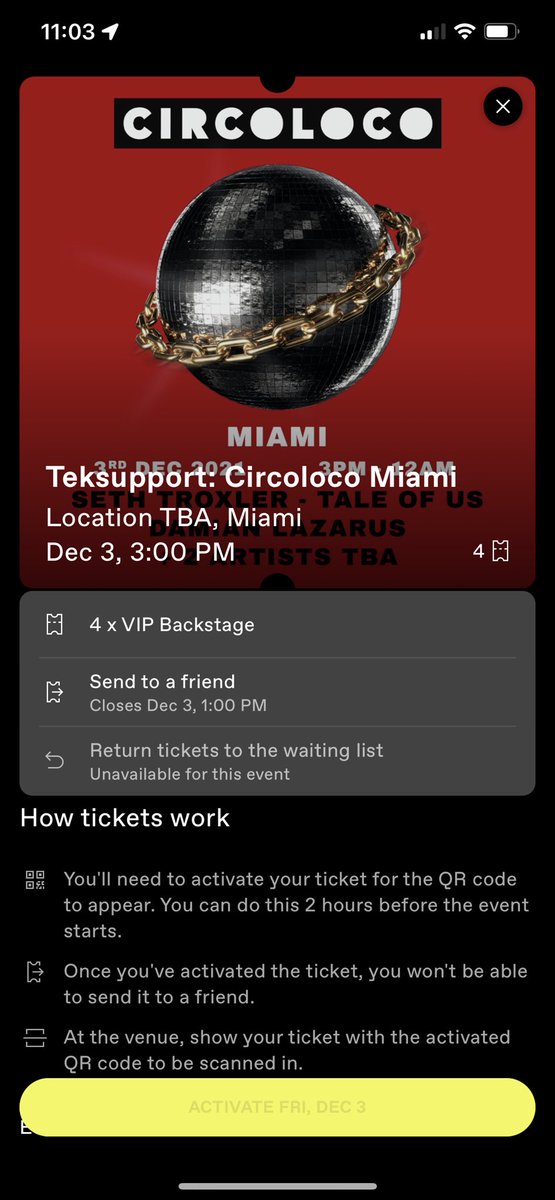 DanielaMonteroG's tweet photo. hi. There is any way to return my ticket to circo loco, a VIP ticket. I’m trying to do it thru the app but the return option is not available @dicefm https://t.co/rZRKHaxOK2