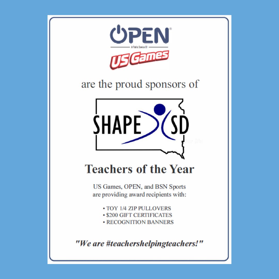 OPENPhysEd's tweet photo. We are thrilled to sponsor the @SHAPE_SD Teachers of the Year! Congratulations to all recipients this year! #physed #healthed https://t.co/1sWqAsp8iS