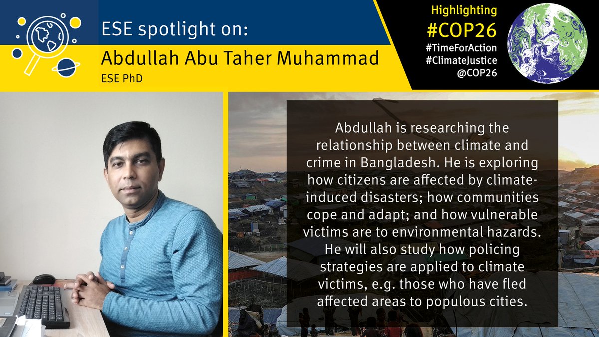 ESEImperial's tweet photo. ESE @COP26 Highlight 🚨 

Our #Climate &amp; #Environment work is hugely varied - as shown by ESE PhD student Abdullah, who is exploring the connection between climate &amp; crime in #Bangladesh to reveal how environmental hazards affect vulnerable communities.

👨‍🎓https://t.co/5JC8m2erWD https://t.co/QAQxMb18Re