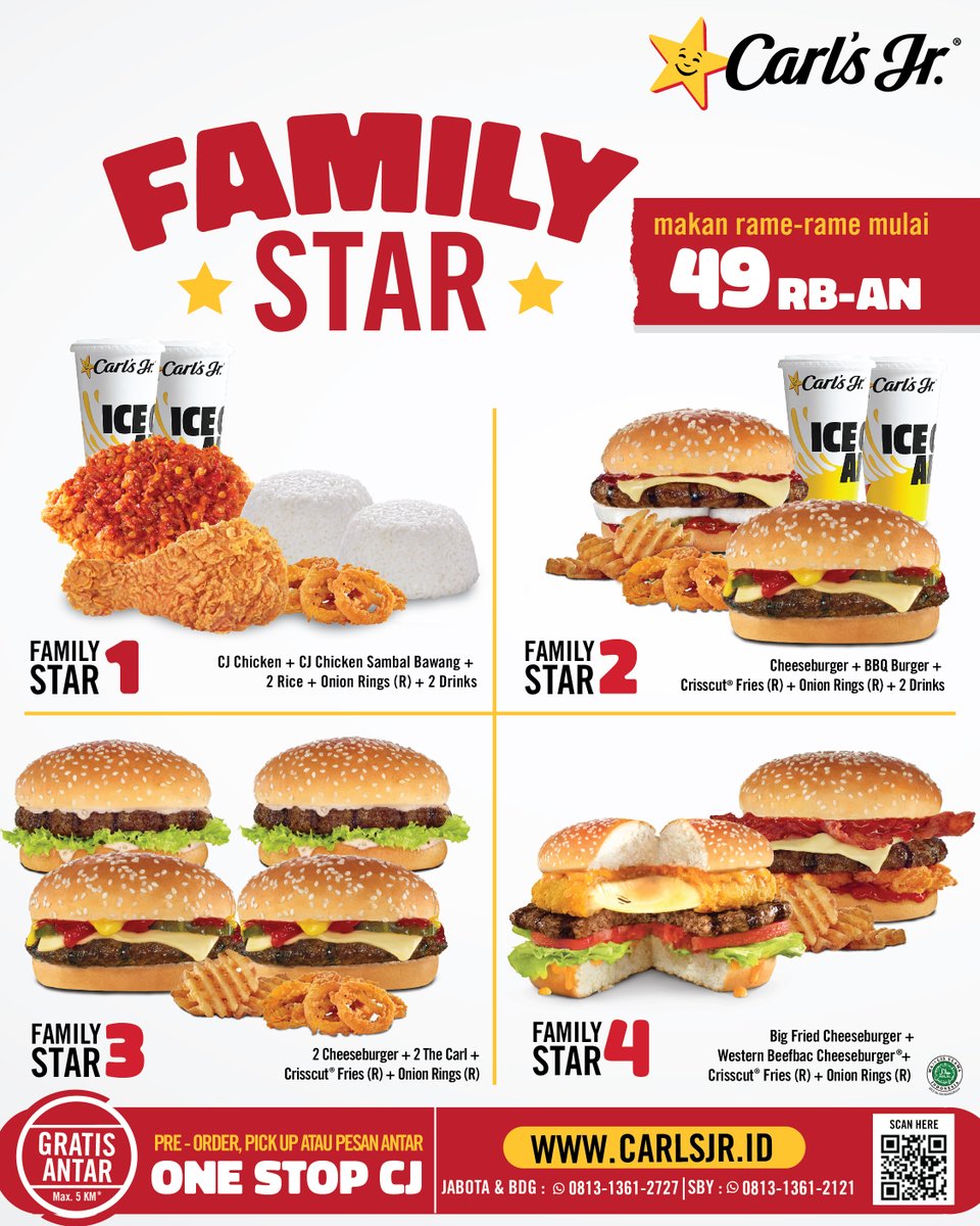 CarlsJrID's tweet photo. Hemat makan rame-rame di CJ hanya 49Ribuan!
Nikmati paket FAMILY STAR dan pilih menu favoritmu.
Promo berlaku di seluruh store CJ untuk dine in, take away, drive thru, One Stop CJ, juga pesan antar.
#CarlsJrID #CarlsJr #Chargrilledburger https://t.co/3Zxo3ivIaO