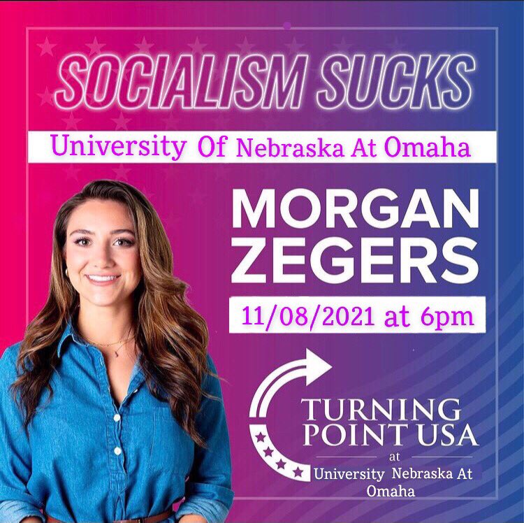 So excited to be hosting Morgan Zegers this Monday! Click the link in our bio to register for the event! Anyone can attend! Please share with your friends! @TPUSA @TPUSA_MIDWEST 
#socialismsucks #morganzegers #universityofnebraskaomaha #turningpointusa