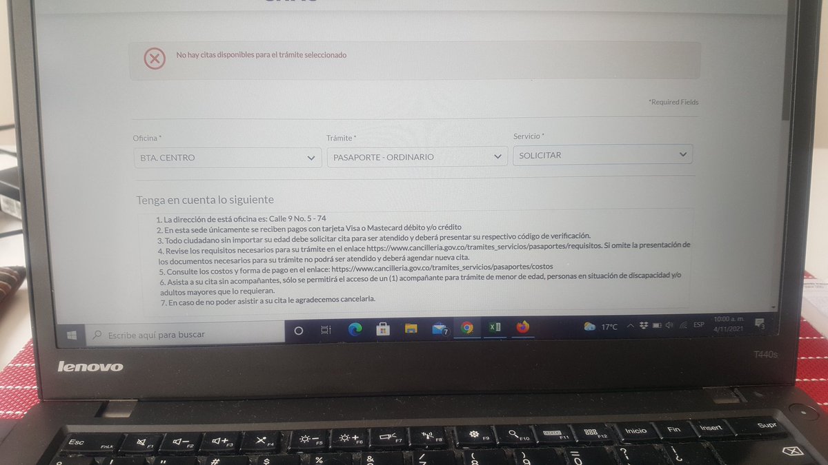 paoreynales's tweet photo. @CancilleriaCol @infopresidencia 10am en punto y ya no hay citas para pedir pasaporte en la sede centro. Se supone que a esa hora abren las citas, son las 10:07 aparece lo mismo.Dos meses en el mismo trámite. Por favor una solución https://t.co/86EkBRK1Tw