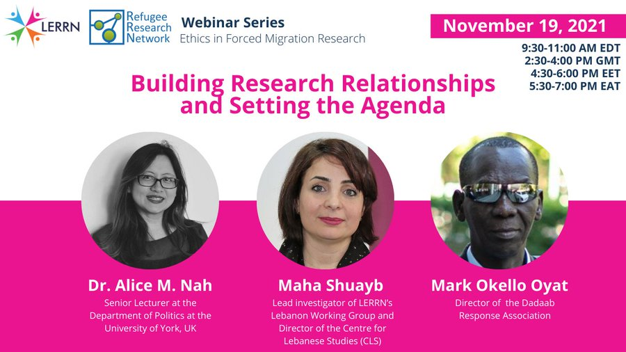 Lerrning's tweet photo. How can we build meaningful and reciprocal research partnerships? 

Join us for the next 
@Lerrning - @RefugeeResearch webinar with 
@alicenah, @MahaShuayb and @OkelloOyat
 
🗓️November 19, 2021 from 9:30am EDT

Register here: https://t.co/Hr4Z5sH4HK https://t.co/Cy7HeSH11Z
