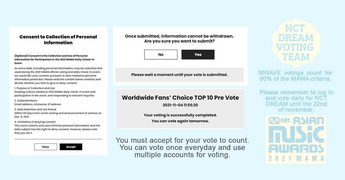 NCTDREAMvote's tweet photo. Vote for #nctdream in the Worldwide Fans' Choice Top 10 category for the MAMA through the MWAVE website  (https://t.co/gPCuiDHgBd).

⚠️Remember MWAVE votings count for 80% of the criteria. Log in everyday to vote &amp; use multiple accounts. #MAMAVOTE

Heres a tutorial 👇 https://t.co/AeSmuYfeL7