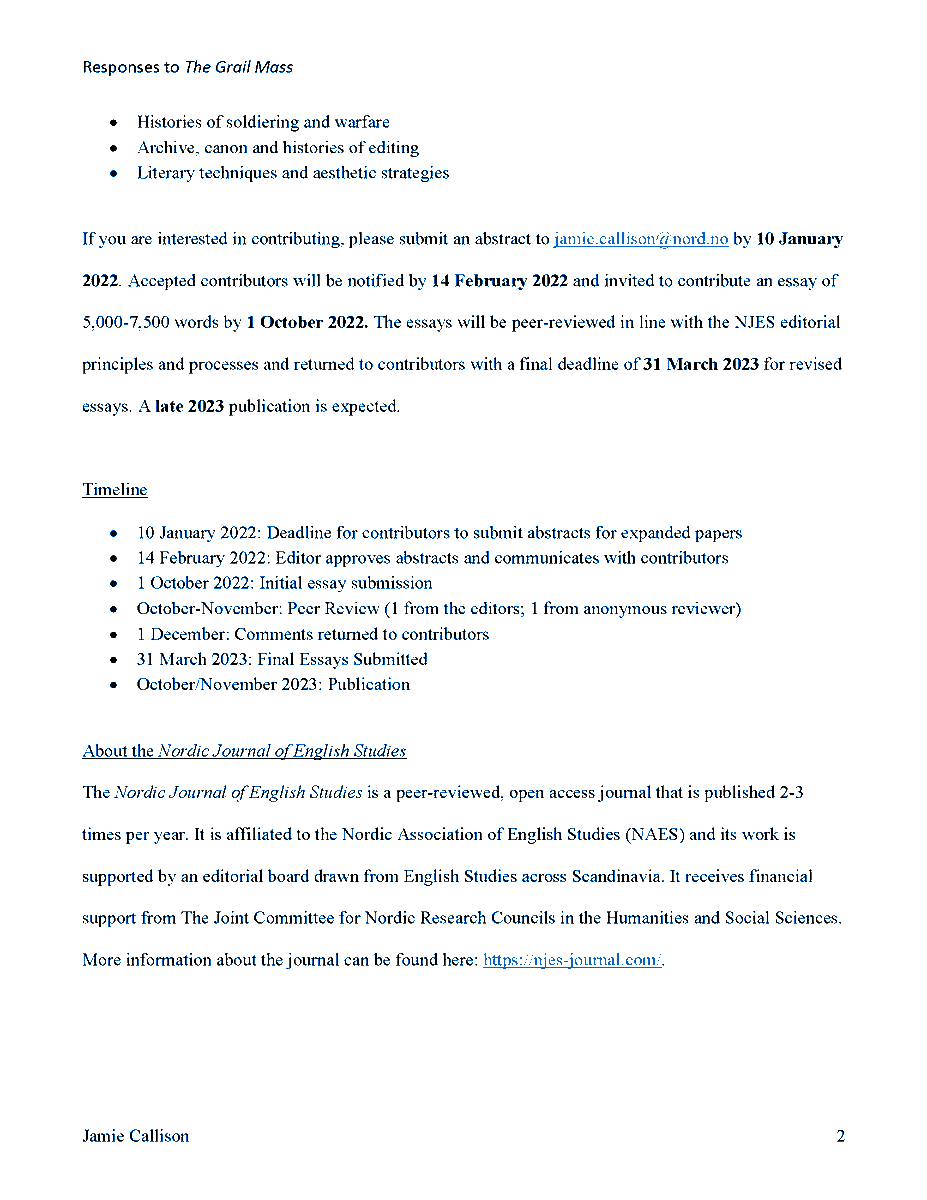 davidjonessoc's tweet photo. CFP: Special Issue on David Jones's 'The Grail Mass' in Nordic Journal of English Studies (see attached images for details) https://t.co/LikpWcN2dj