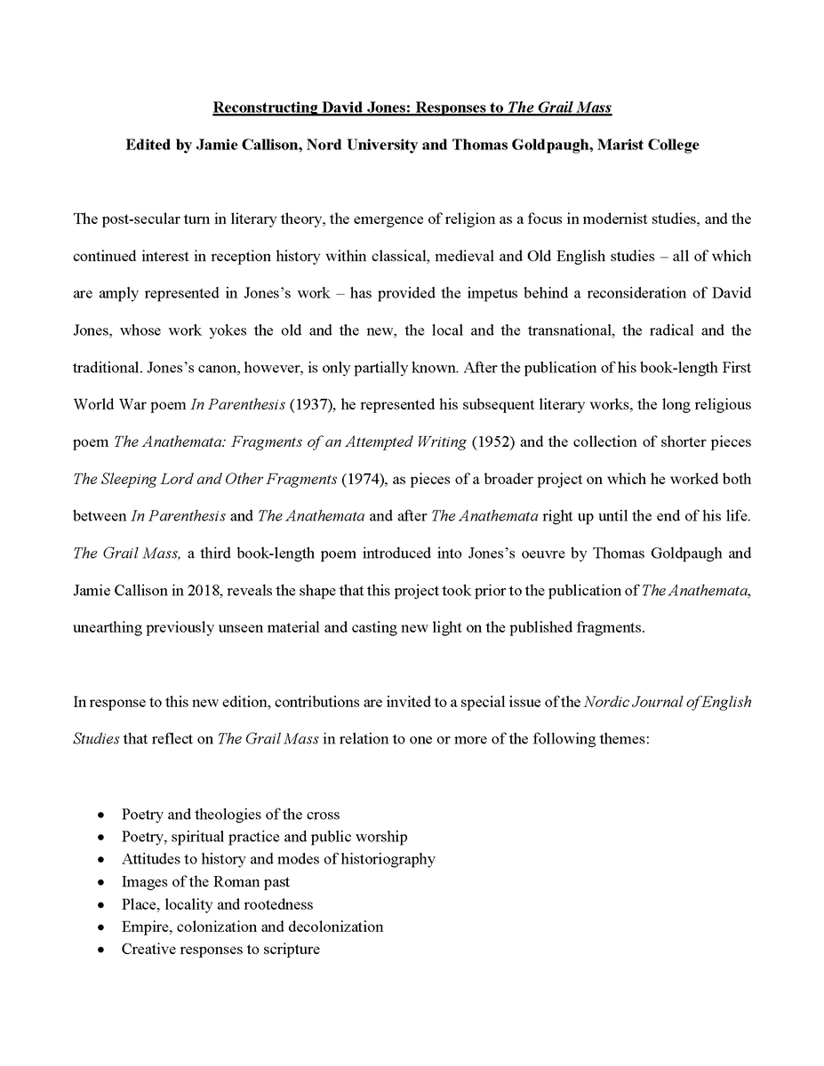 davidjonessoc's tweet photo. CFP: Special Issue on David Jones's 'The Grail Mass' in Nordic Journal of English Studies (see attached images for details) https://t.co/LikpWcN2dj