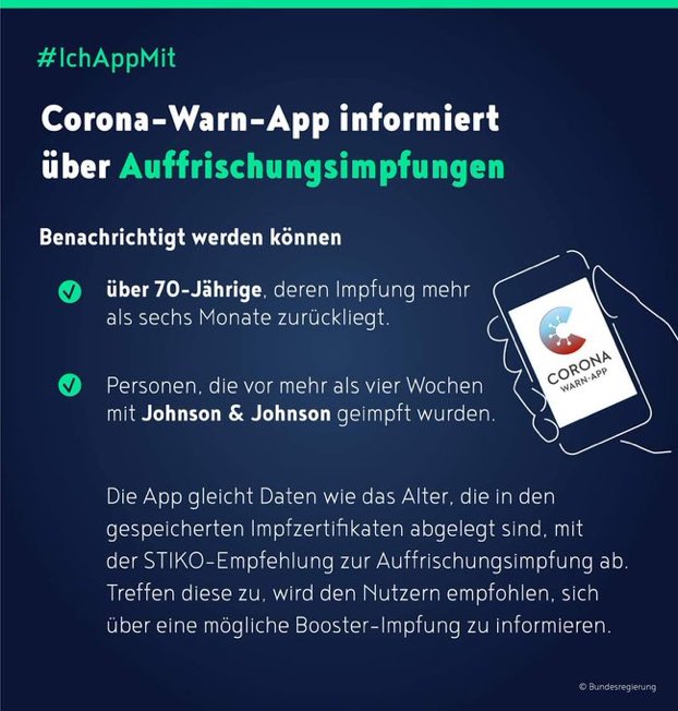 EinTim2's tweet photo. Hier nochmal zusammengefasst wann ihr von euerer #CoronaWarnApp eine Benachrichtigung über mögliche Auffrischungsimpfungen erhaltet.
#IchAppMit https://t.co/CPunrpxfEF
