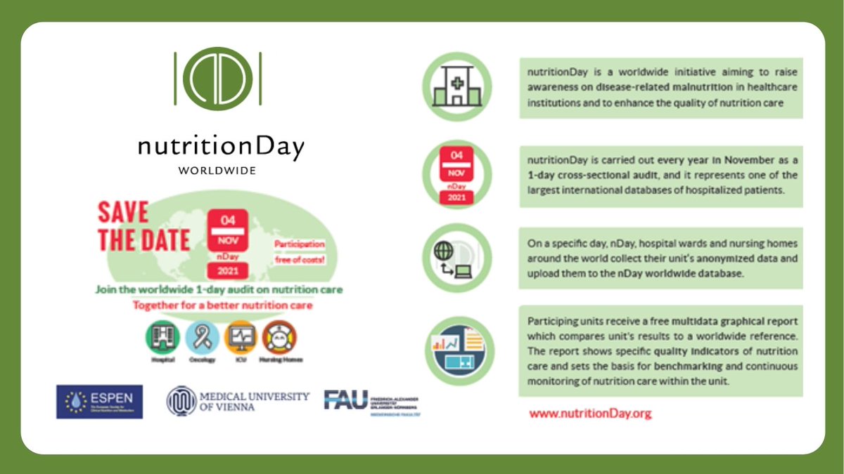 ESPENorg's tweet photo. Today  04th Nov 2021 #nutritionDay on!
Join the worldwide initiative on #malnutrition and #nutrition care in #hospitals and #nursinghomes
TOGETHER FOR A BETTER NUTRITION CARE https://t.co/nkojOCDulc