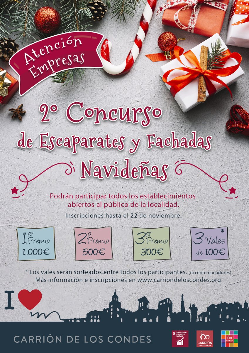 2º Concurso de Escaparates y fachadas navideñas de Carrión de los Condes. Podrán participar todos los establecimientos abiertos al público de la localidad.
Inscripciones hasta el 22 de noviembre. Premios 1000€, 500€, 300€ y 3 vales de 100€.
carriondeloscondes.org/2o-concurso-es…