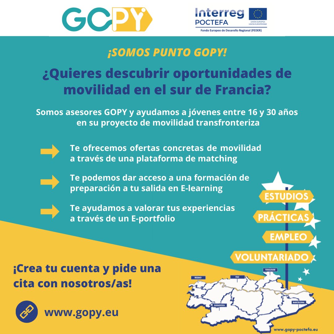 cJacetania's tweet photo. 📣¿Quieres descubrir #oportunidades de #movilidad en el sur de #Francia? Somos asesores #GOPY y ayudamos a #jóvenes entre 16 y 30 años en su proyecto de movilidad transfronteriza.
ℹ Más información: https://t.co/OGsA066HSy https://t.co/6XccRGFic9