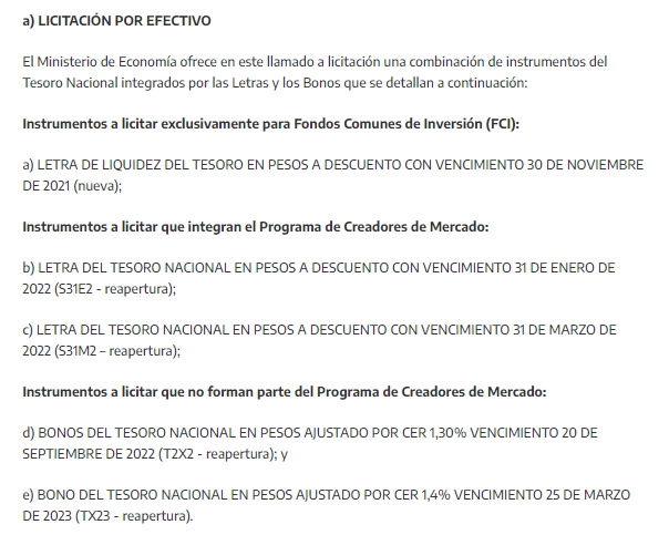 Inverandinas's tweet photo. ☎️El #MECON licita hoy 5 instrumentos por efectivo, una #LELITE, 2 #LEDES (enero y marzo 2022) y 2 #BONCER (#T2X2 y #TX23). Busca $25.000 millones.
Además ofrece un canje de #T2V1 por una canasta de 2 #BOLIS (30% #T2V2 y 70% #TV23), o una #LEDE (30% #S28F2) y un BOLI (70% #TV23). https://t.co/HHjQmProVz