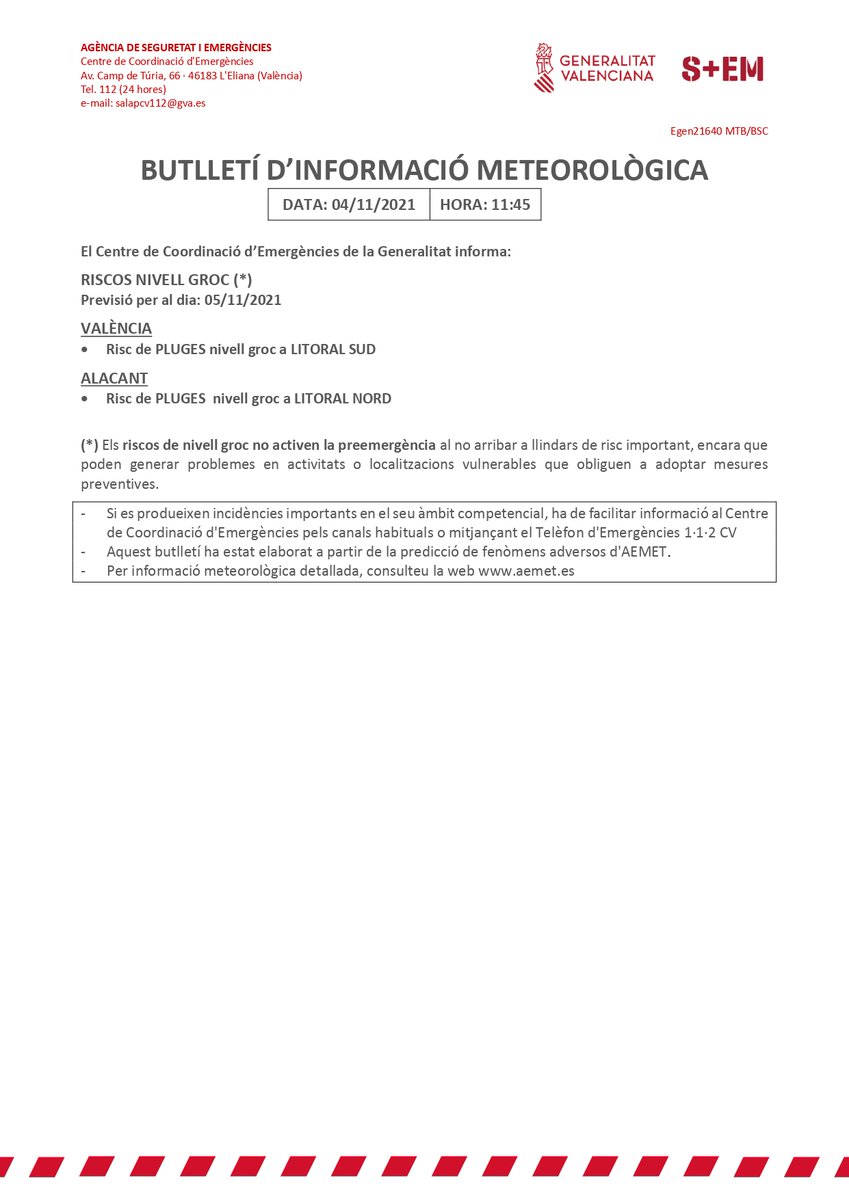GVA112's tweet photo. 🌧️El Centro de Coordinación de Emergencias emite un boletín de información meteorológica que establece riesgo amarillo por lluvias para mañana 05/11 en:

🟡litoral sur de Valencia
🟡litoral norte de Alicante

Probabilidad entre 40 y 70%. Previsión de acumulaciones de 20 mm/h. https://t.co/dDaoP0AF5a
