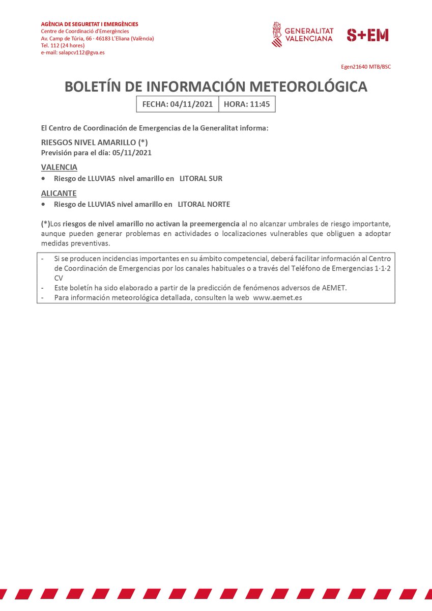 GVA112's tweet photo. 🌧️El Centro de Coordinación de Emergencias emite un boletín de información meteorológica que establece riesgo amarillo por lluvias para mañana 05/11 en:

🟡litoral sur de Valencia
🟡litoral norte de Alicante

Probabilidad entre 40 y 70%. Previsión de acumulaciones de 20 mm/h. https://t.co/dDaoP0AF5a